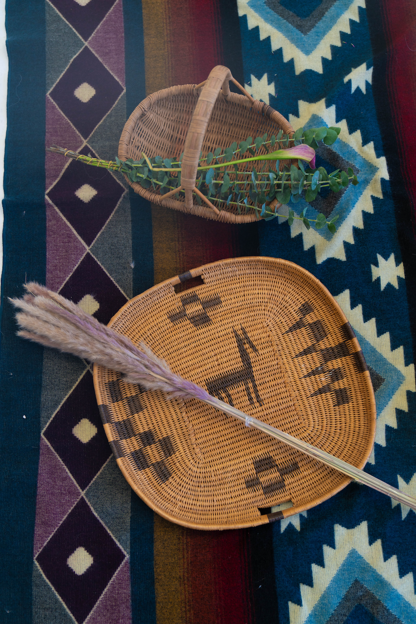 Large Brown Woven Tray flat lay out on Pink Pueblo Fall Blanket