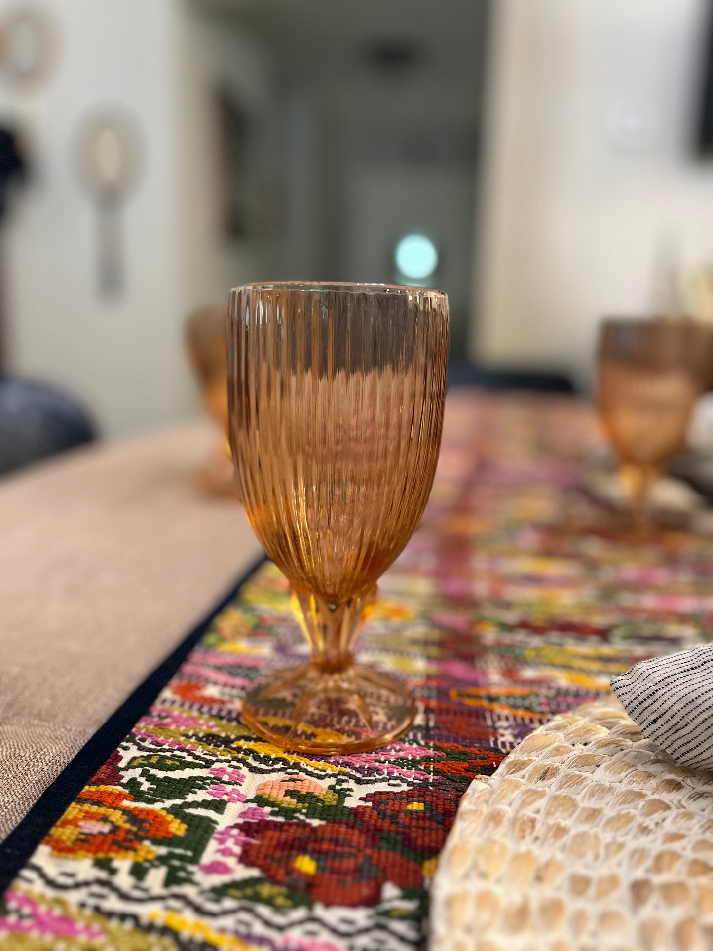 vintage pale pink large short stemmed goblet on table setting