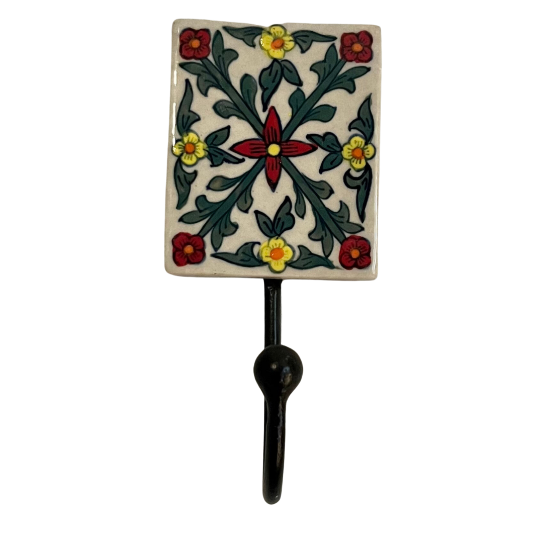 red flower tile wall hook