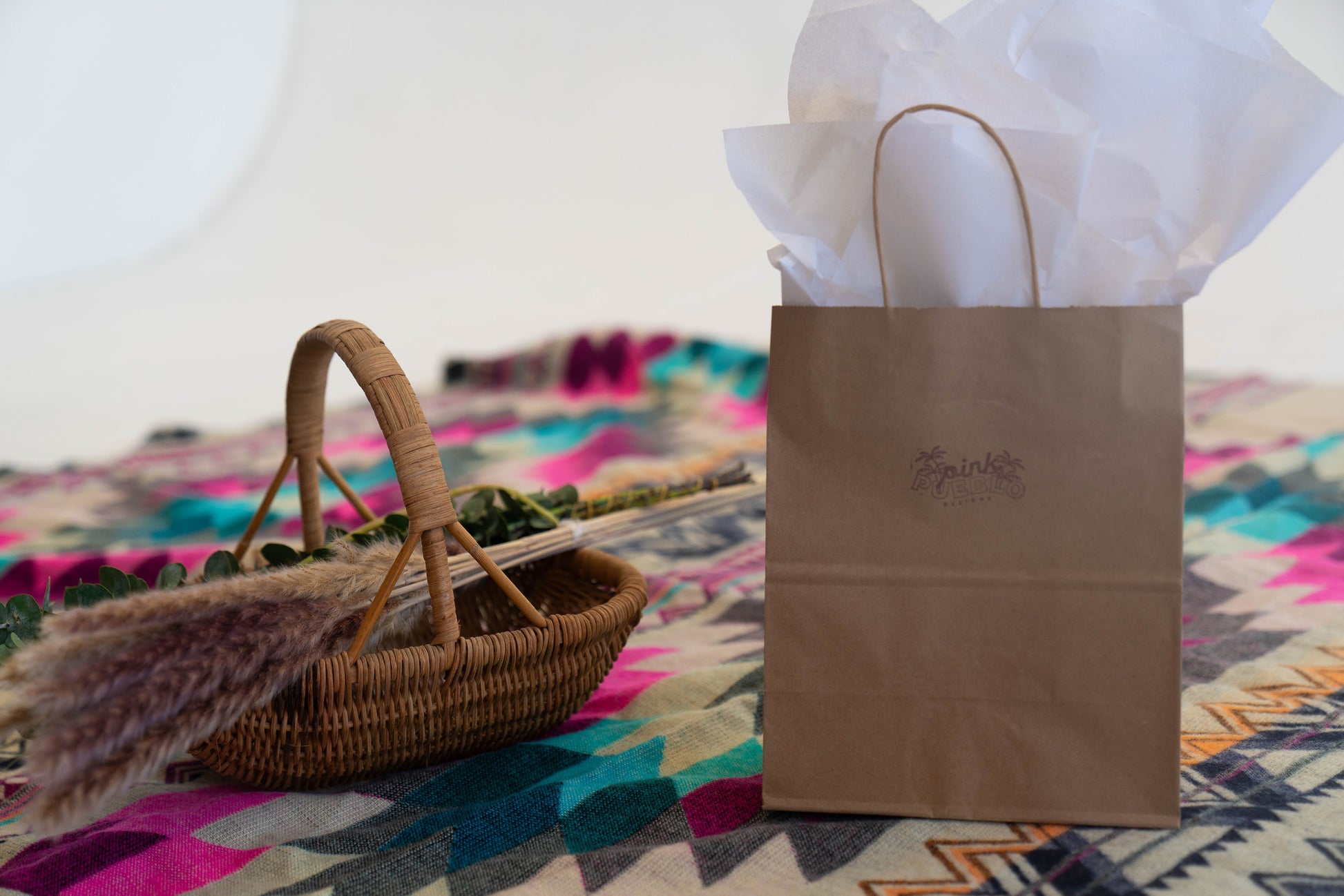 Woven Basket with Handle- Pink Pueblo Designs Woven Basket with Handle