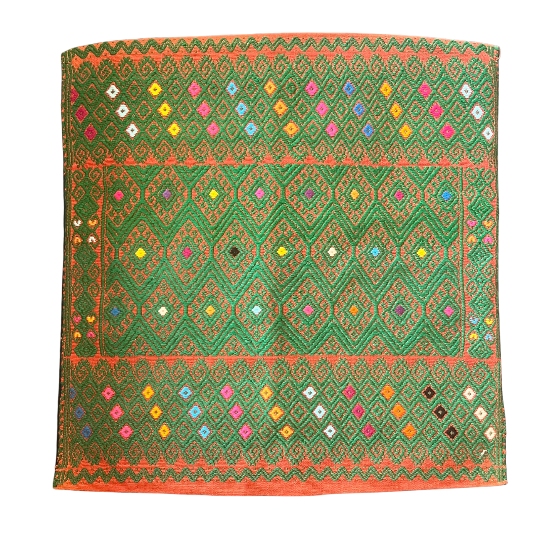 Orange and green embroidered throw pillow- Pink Pueblo Designs 