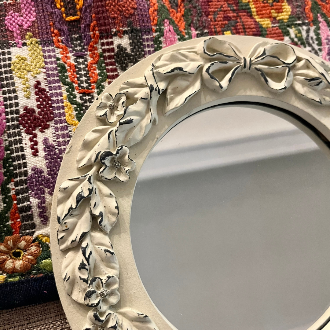Close up detail Antique Round White Mirror (Set of 2) -Pink Pueblo Designs