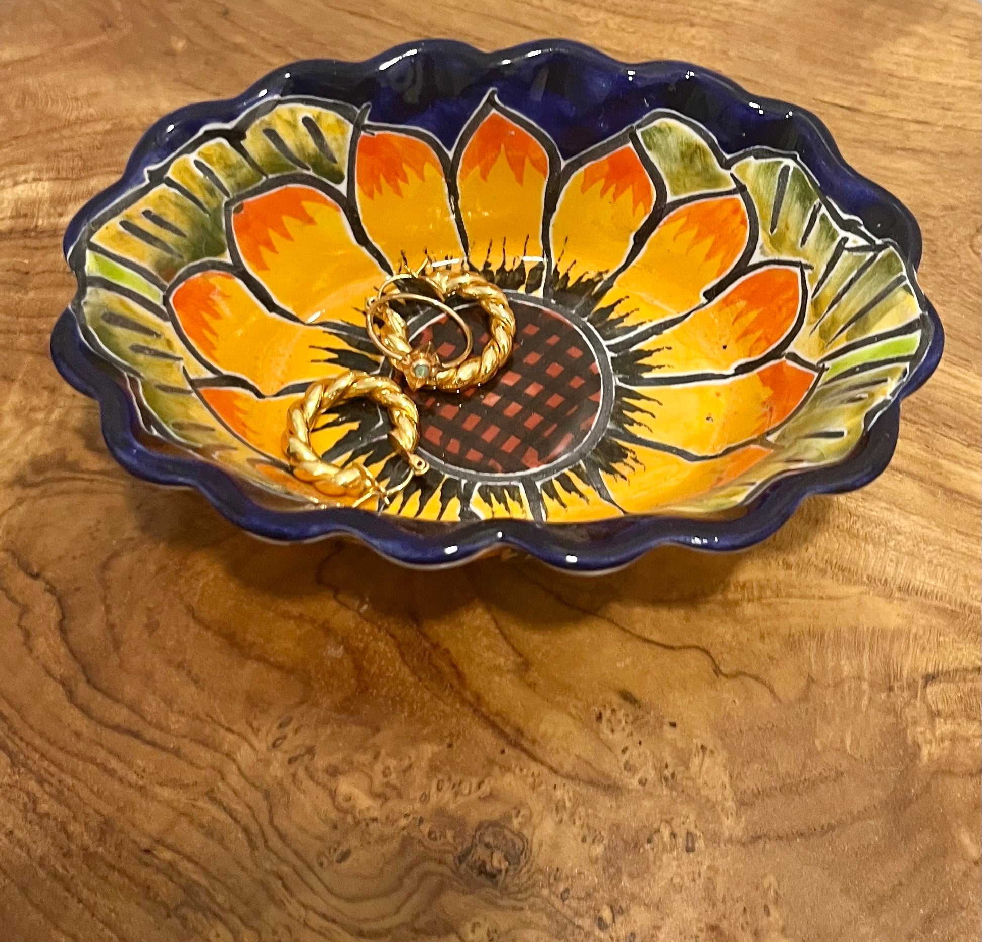 Sunflower Mexico Pottery Trinket Dish with earrings inside bowl