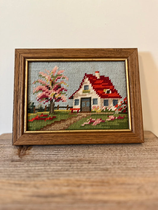 Vintage Framed Cottage Needlepoint Picture